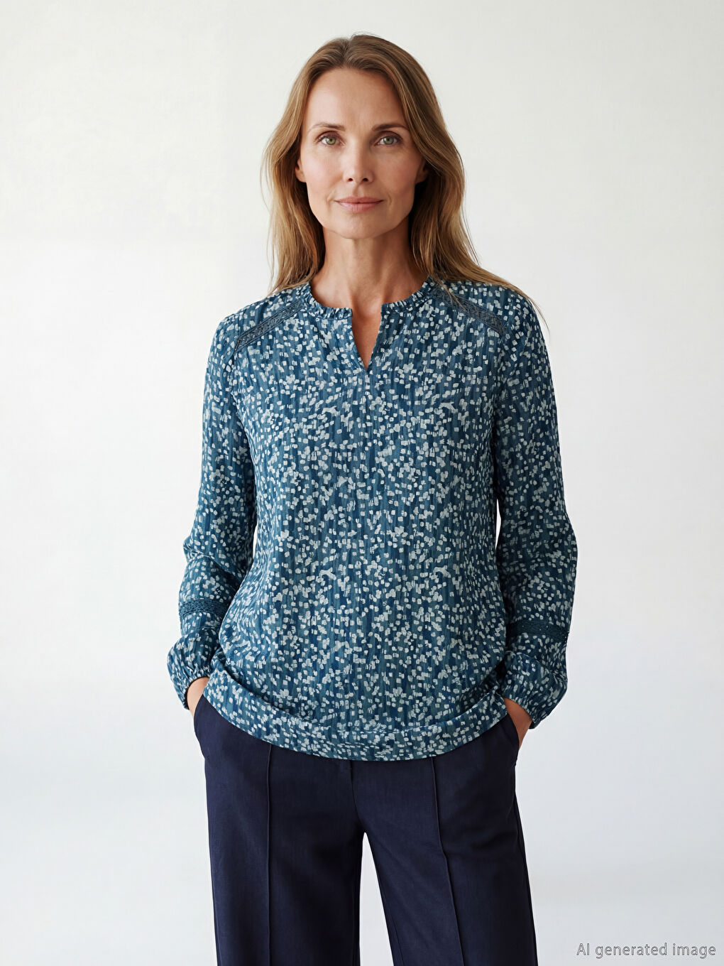 Mavi Kaçık Yaka Desenli Bluz