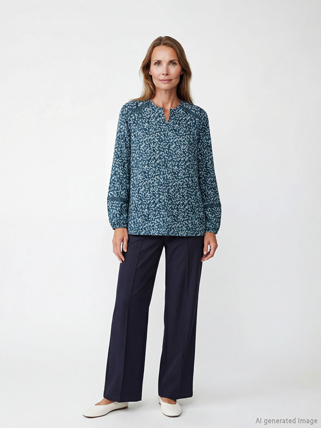 Mavi Kaçık Yaka Desenli Bluz-2