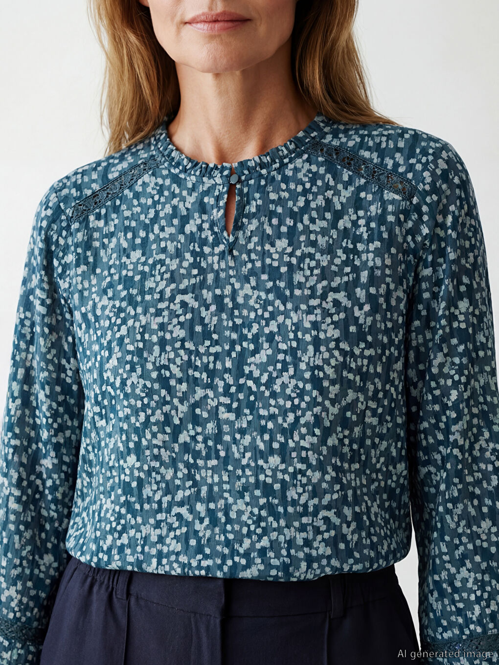 Mavi Kaçık Yaka Desenli Bluz-3