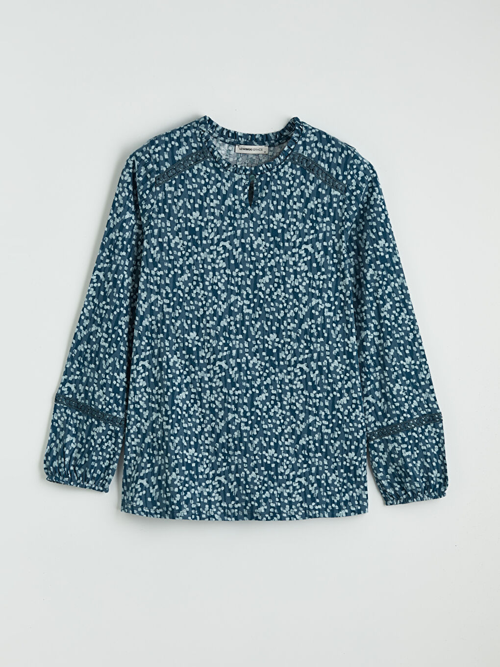 Mavi Kaçık Yaka Desenli Bluz-5