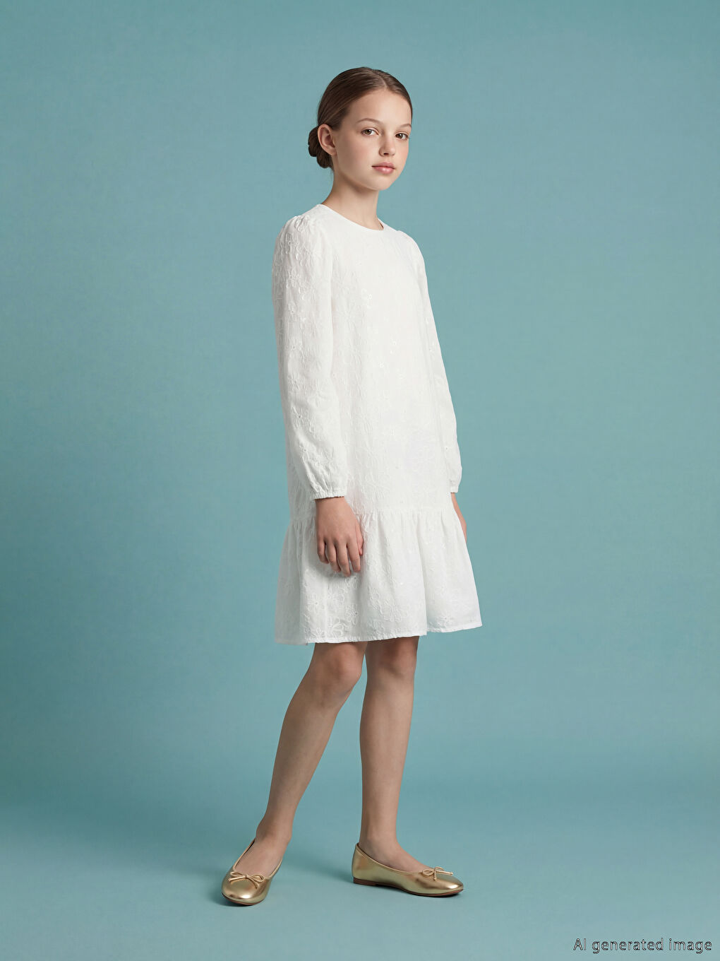 Ekru Bisiklet Yaka Fisto Detaylı Kız Çocuk Elbise