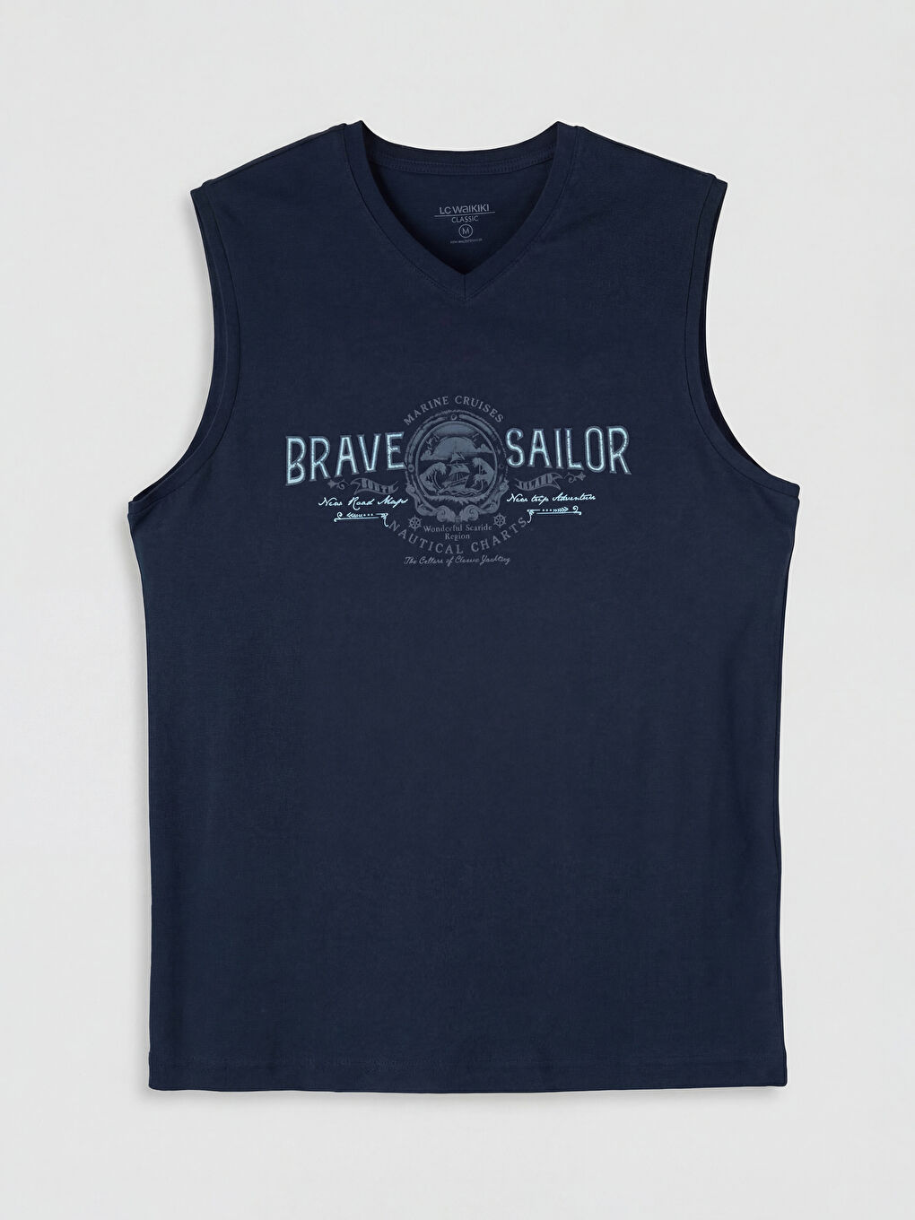 Lacivert V Yaka Baskılı Penye Erkek Kolsuz Tişört