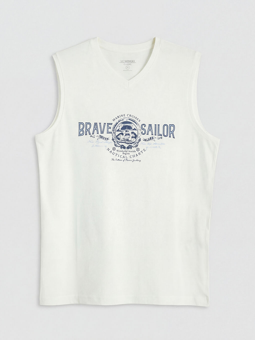 Ekru V Yaka Baskılı Penye Erkek Kolsuz Tişört