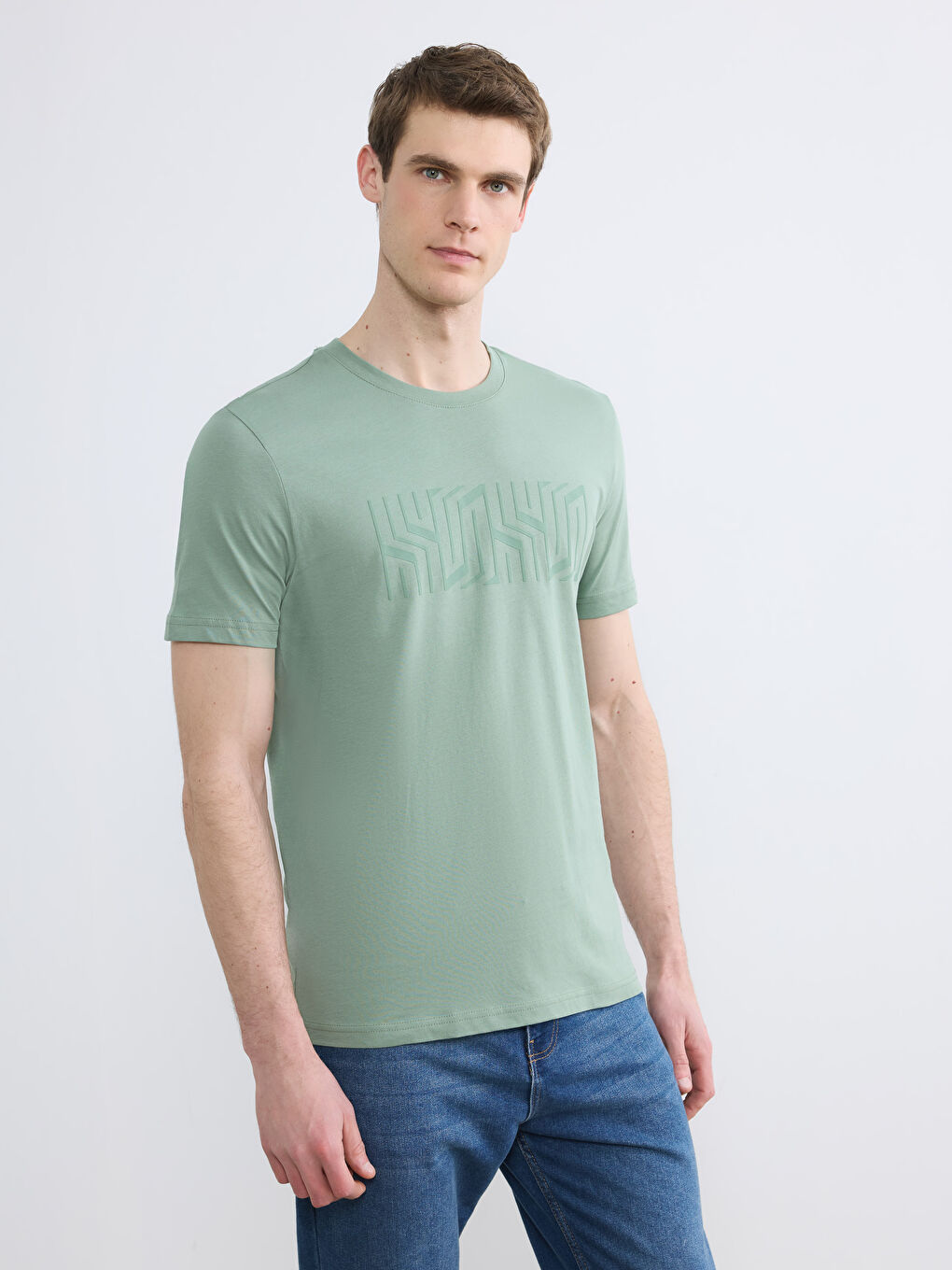 Yeşil Bisiklet Yaka Baskılı Erkek Penye Tişört