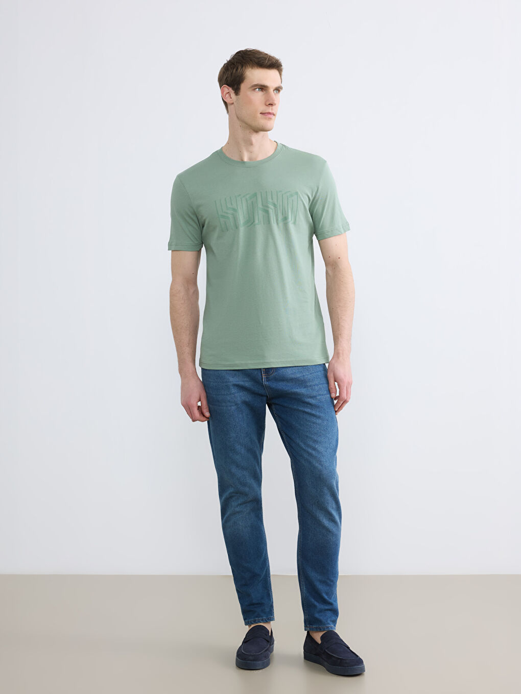 Yeşil Bisiklet Yaka Baskılı Erkek Penye Tişört-1