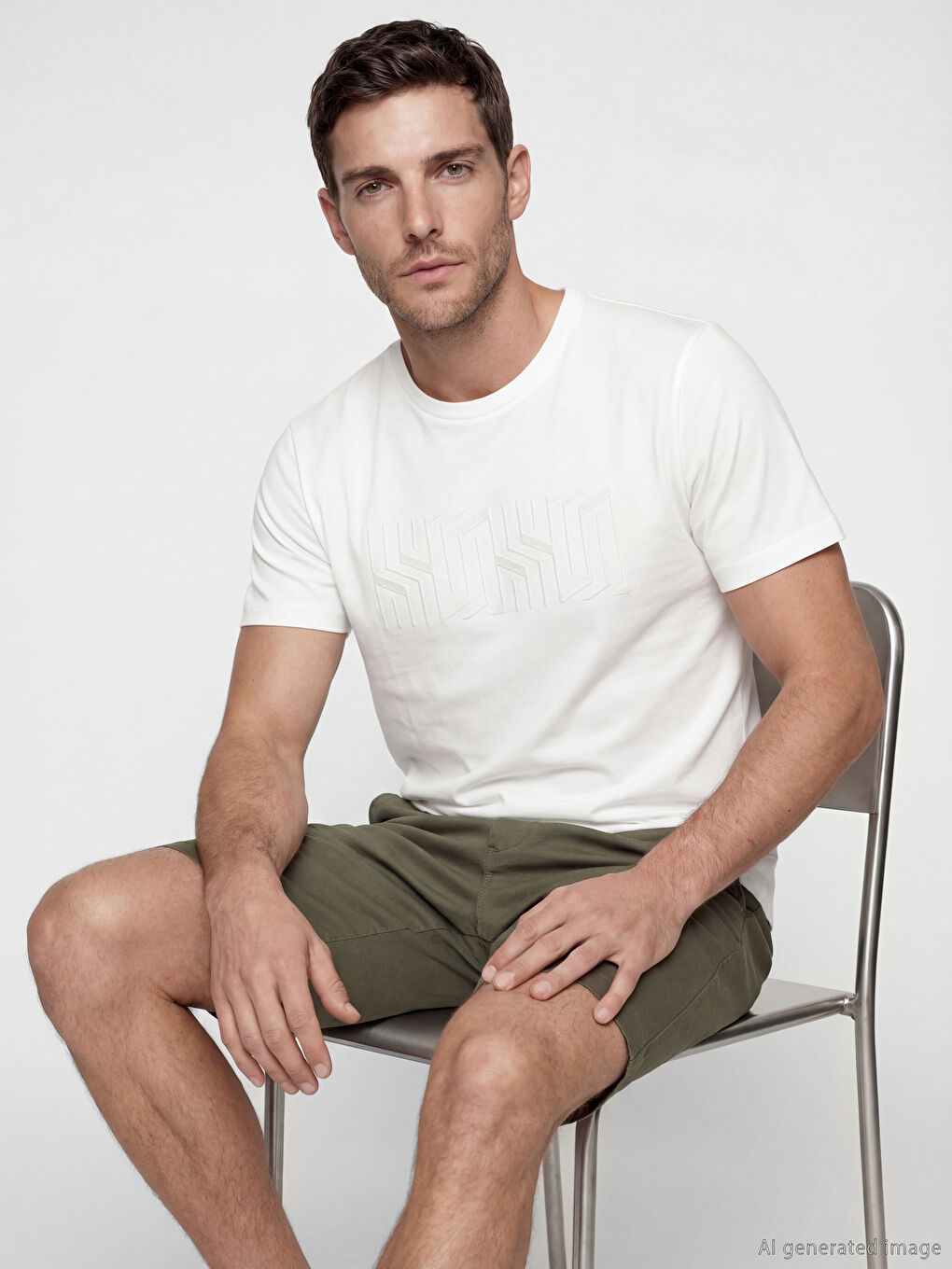 Ekru Bisiklet Yaka Baskılı Erkek Penye Tişört