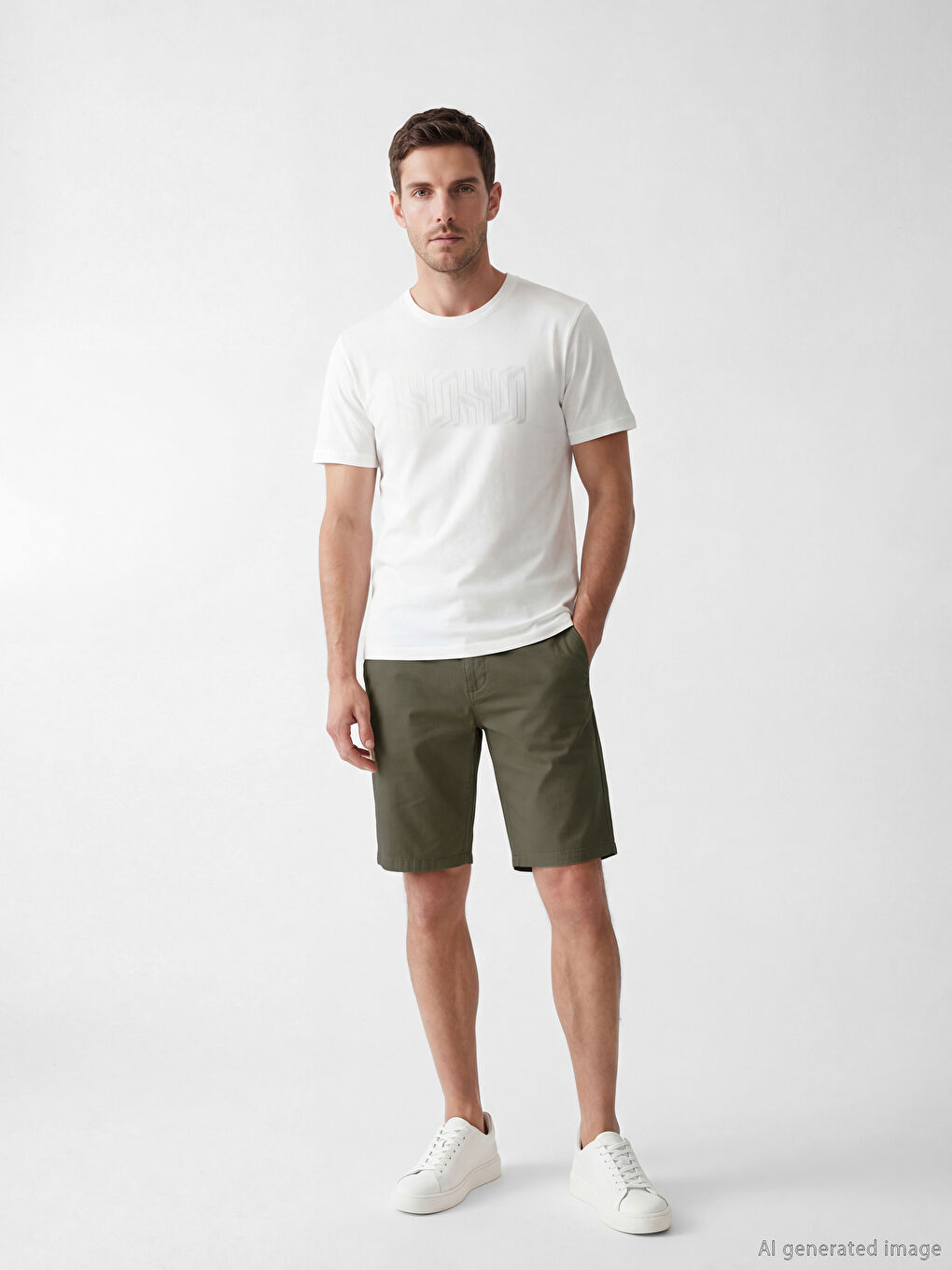 Ekru Bisiklet Yaka Baskılı Erkek Penye Tişört-1