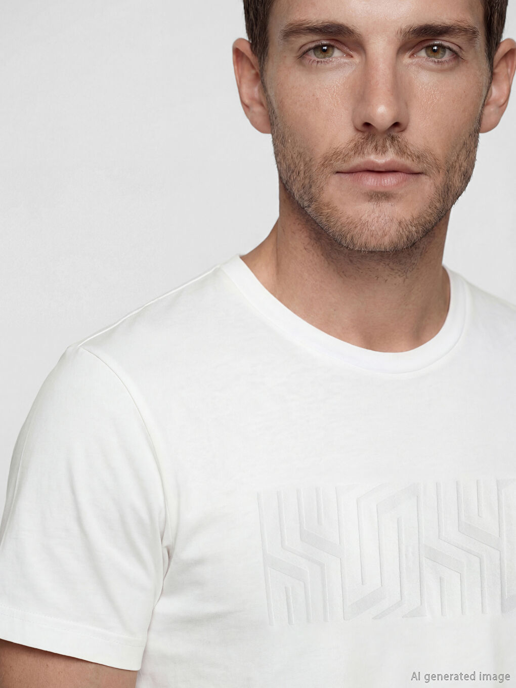 Ekru Bisiklet Yaka Baskılı Erkek Penye Tişört-2