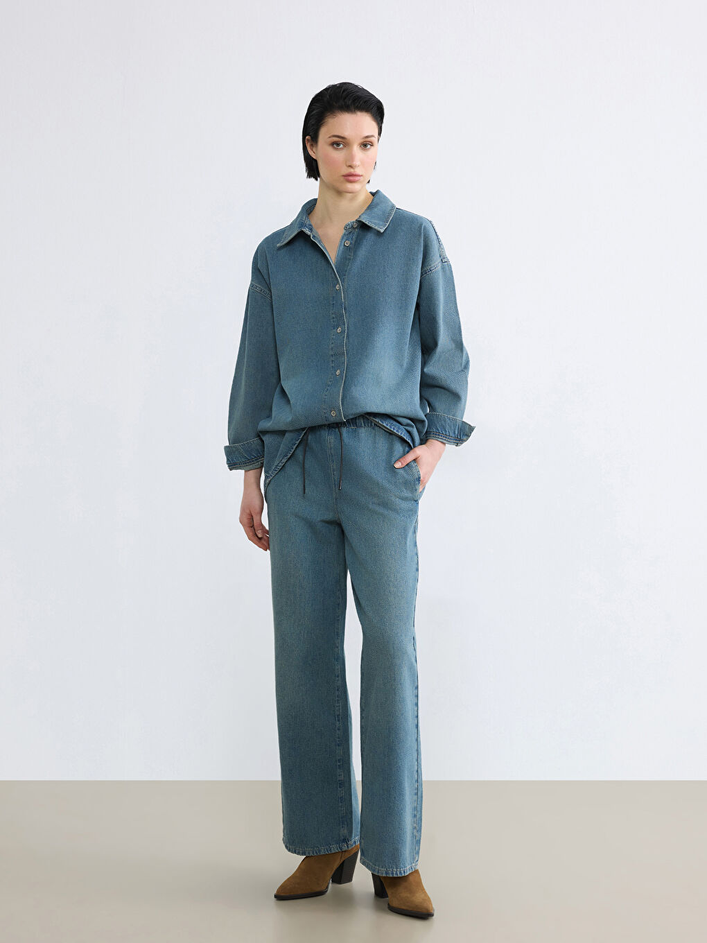 İndigo Oversize Kadın Jean Gömlek	-1