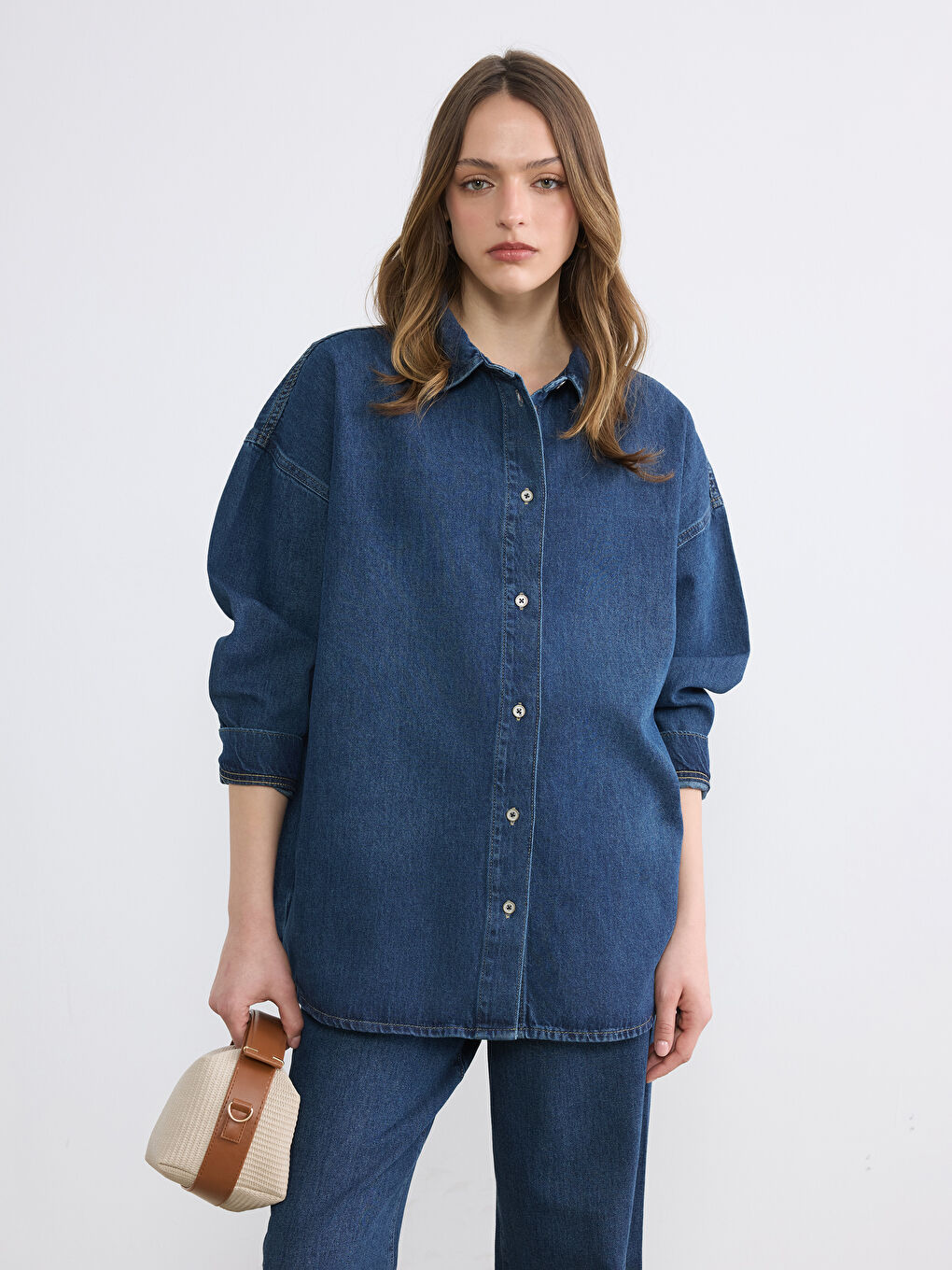 İndigo Oversize Kadın Jean Gömlek	