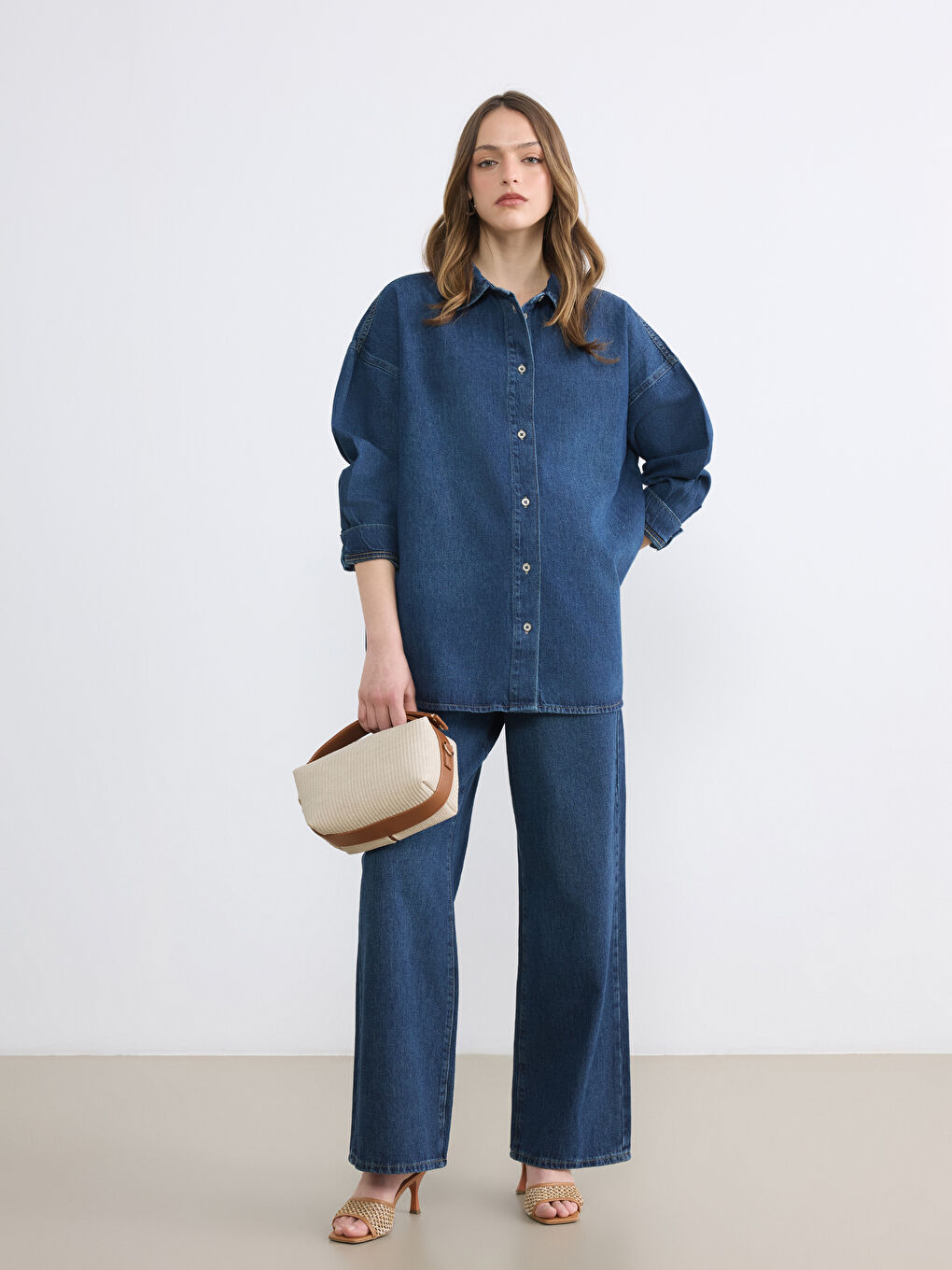 İndigo Oversize Kadın Jean Gömlek	-1