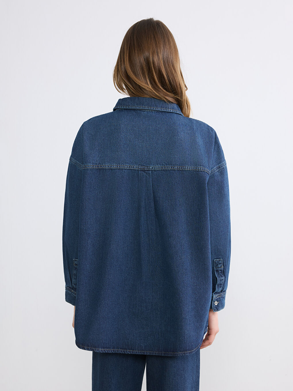İndigo Oversize Kadın Jean Gömlek	-3