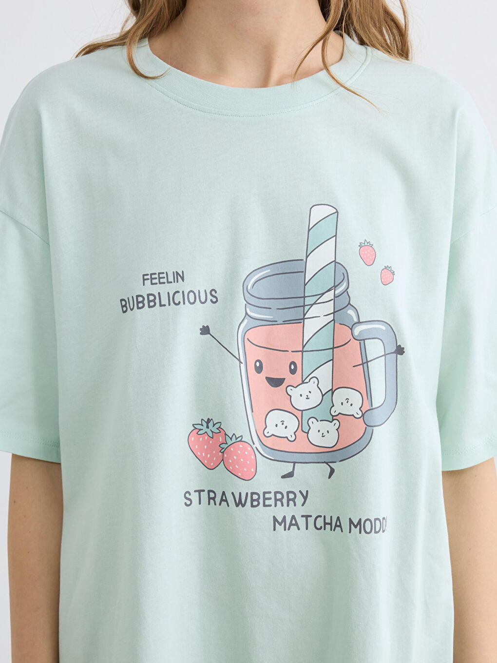 Turkuaz Bisiklet Yaka Baskılı Oversize Kadın Gecelik-2