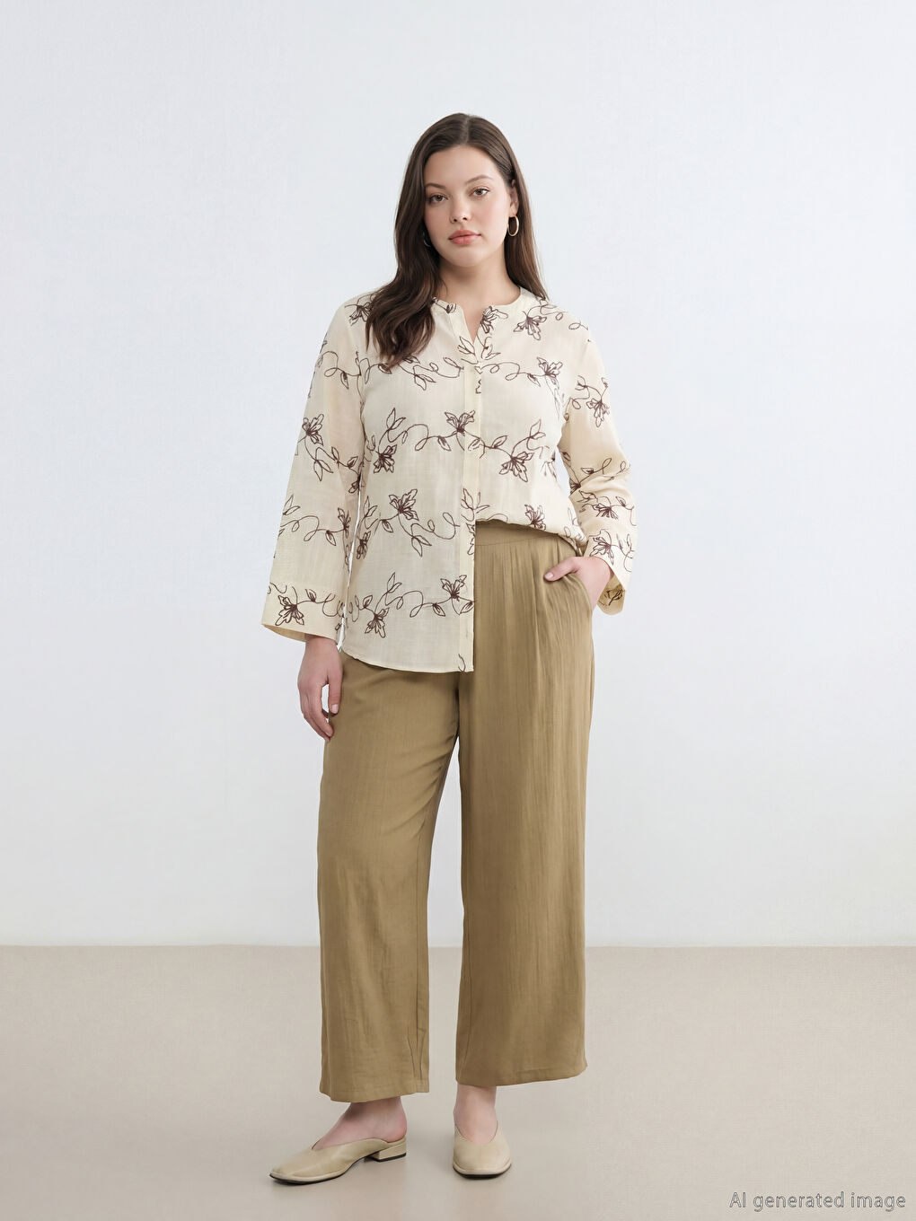 Haki Beli Lastikli Dokulu Kadın Pileli Pantolon-1