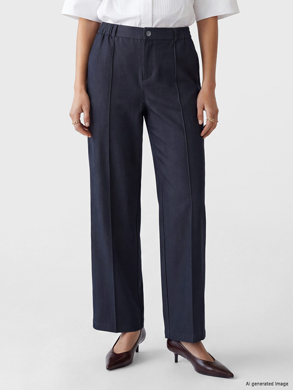 Pantalon Grande Taille à Jambe Large avec Taille Élastiquée-1