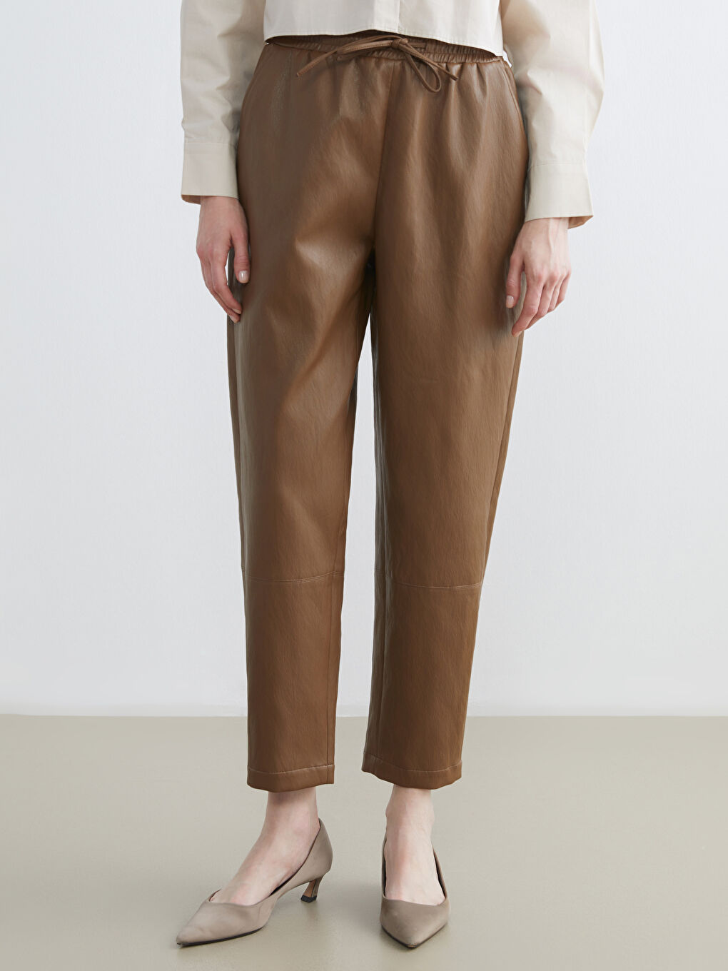 Elastic Waist Women's Faux Leather Trousers-1