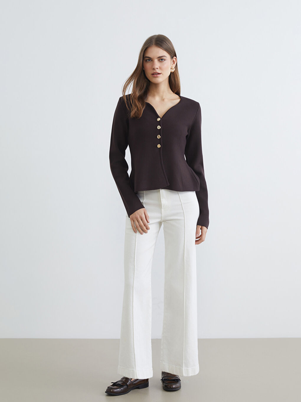 Kahverengi V Yaka Kadın Triko Hırka-1