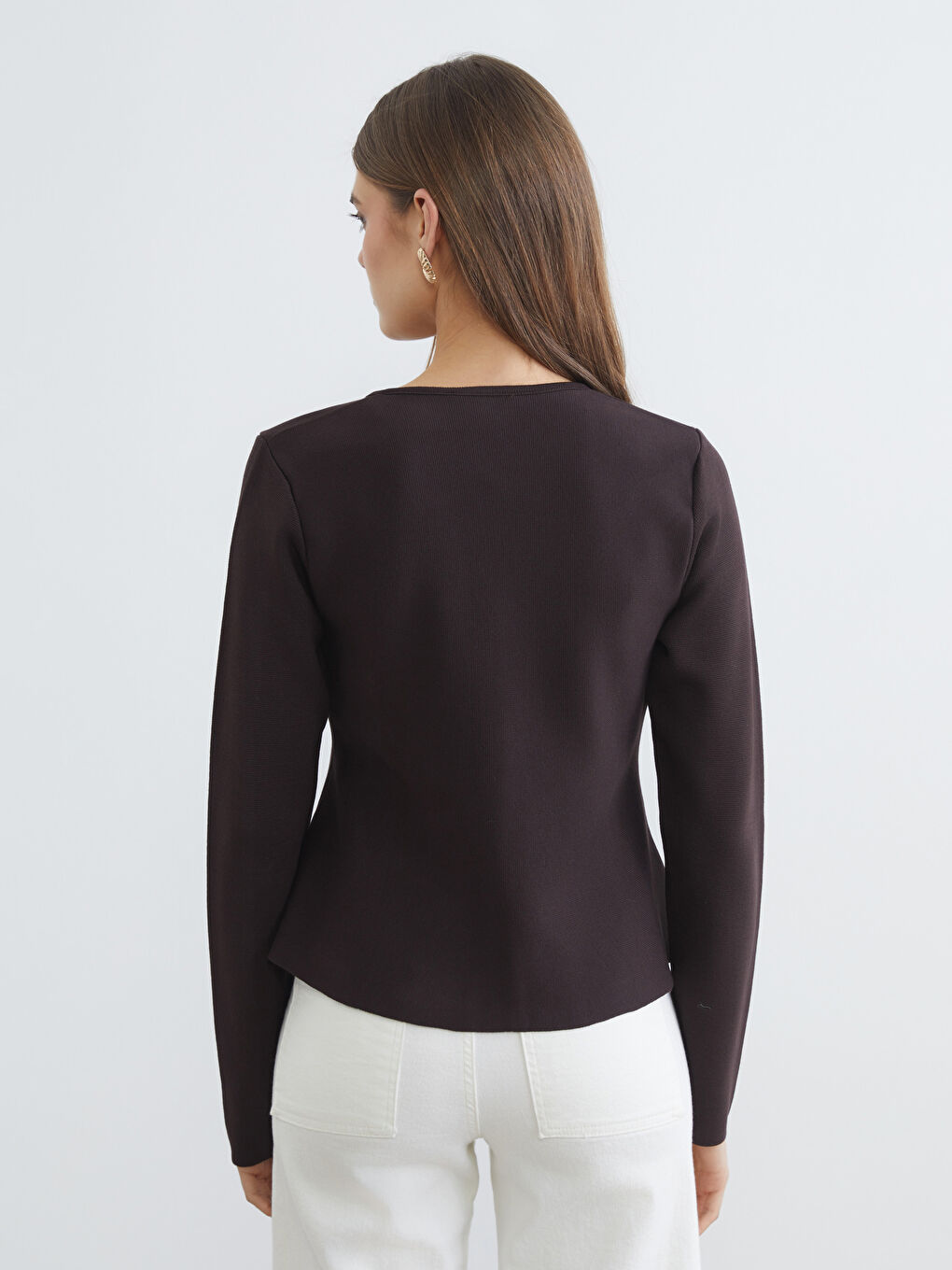 Kahverengi V Yaka Kadın Triko Hırka-3