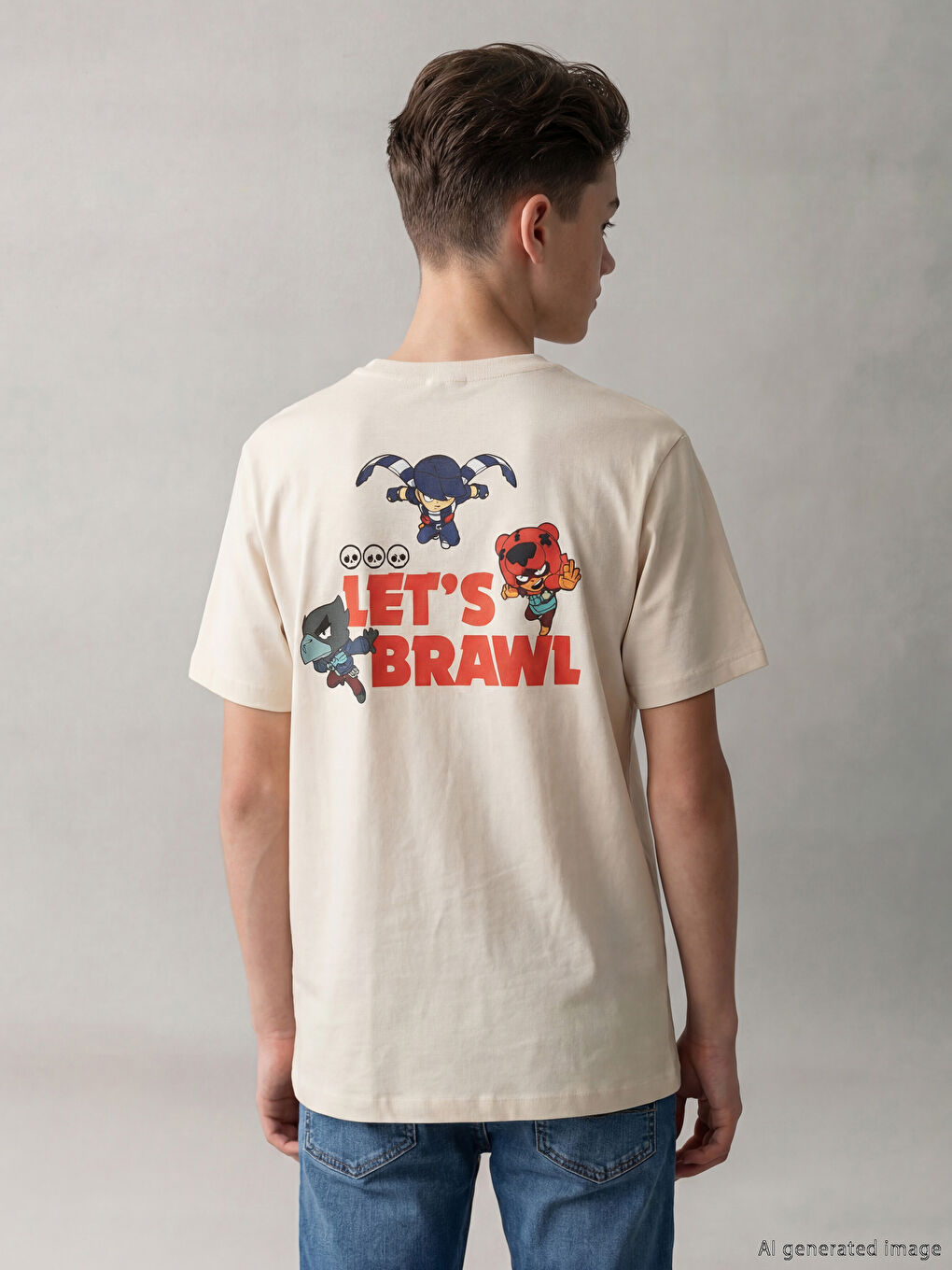 Bej Bisiklet Yaka Brawl Stars Baskılı Erkek Çocuk Tişört-1