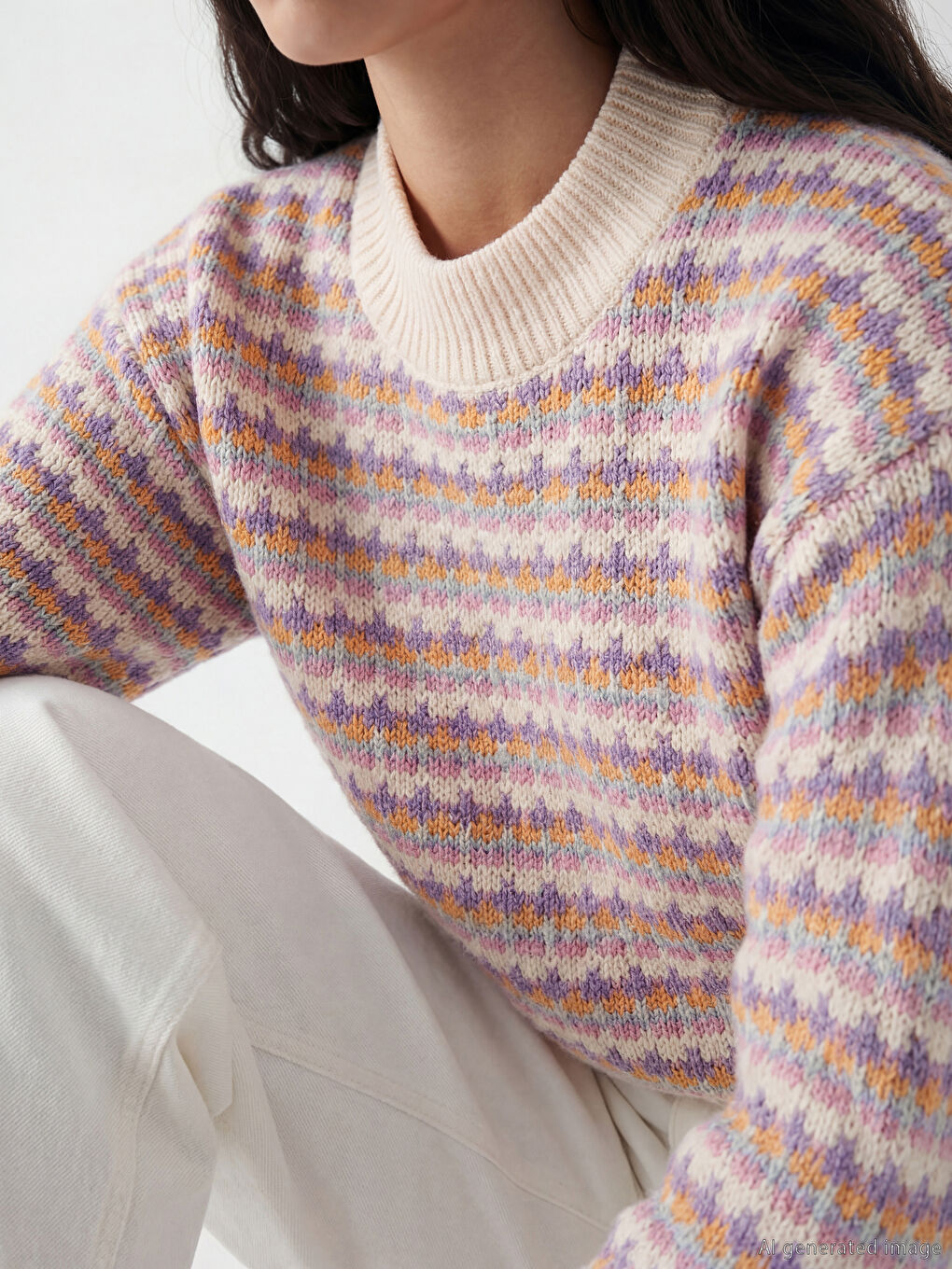 كنزة صوفية منقوشة للسيدات برقبة مرتفعة-2