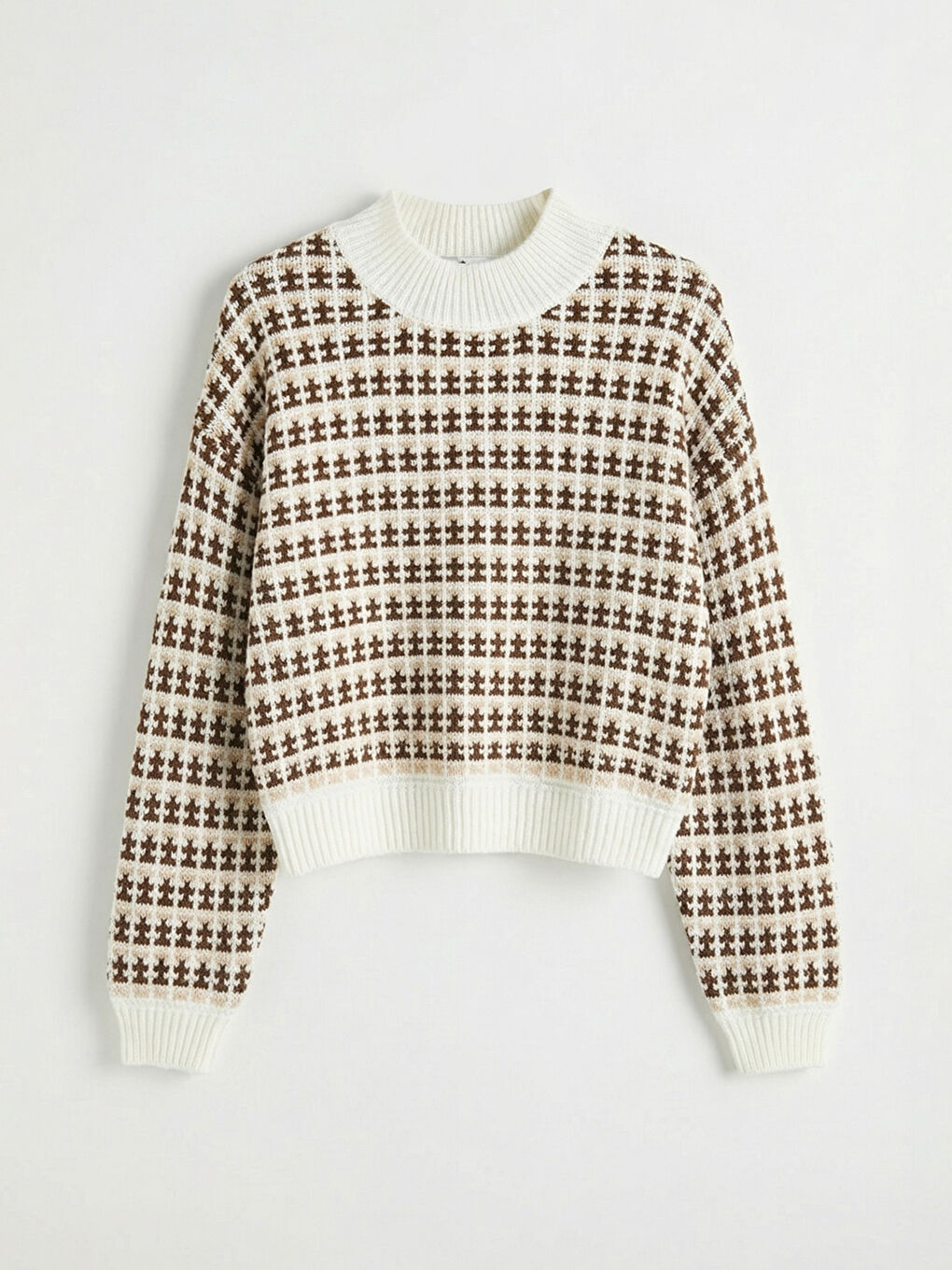 Kahverengi Yarım Balıkçı Yaka Desenli Kadın Triko Kazak	