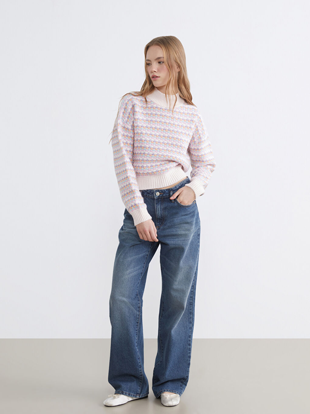 Pembe Yarım Balıkçı Yaka Desenli Kadın Triko Kazak-1