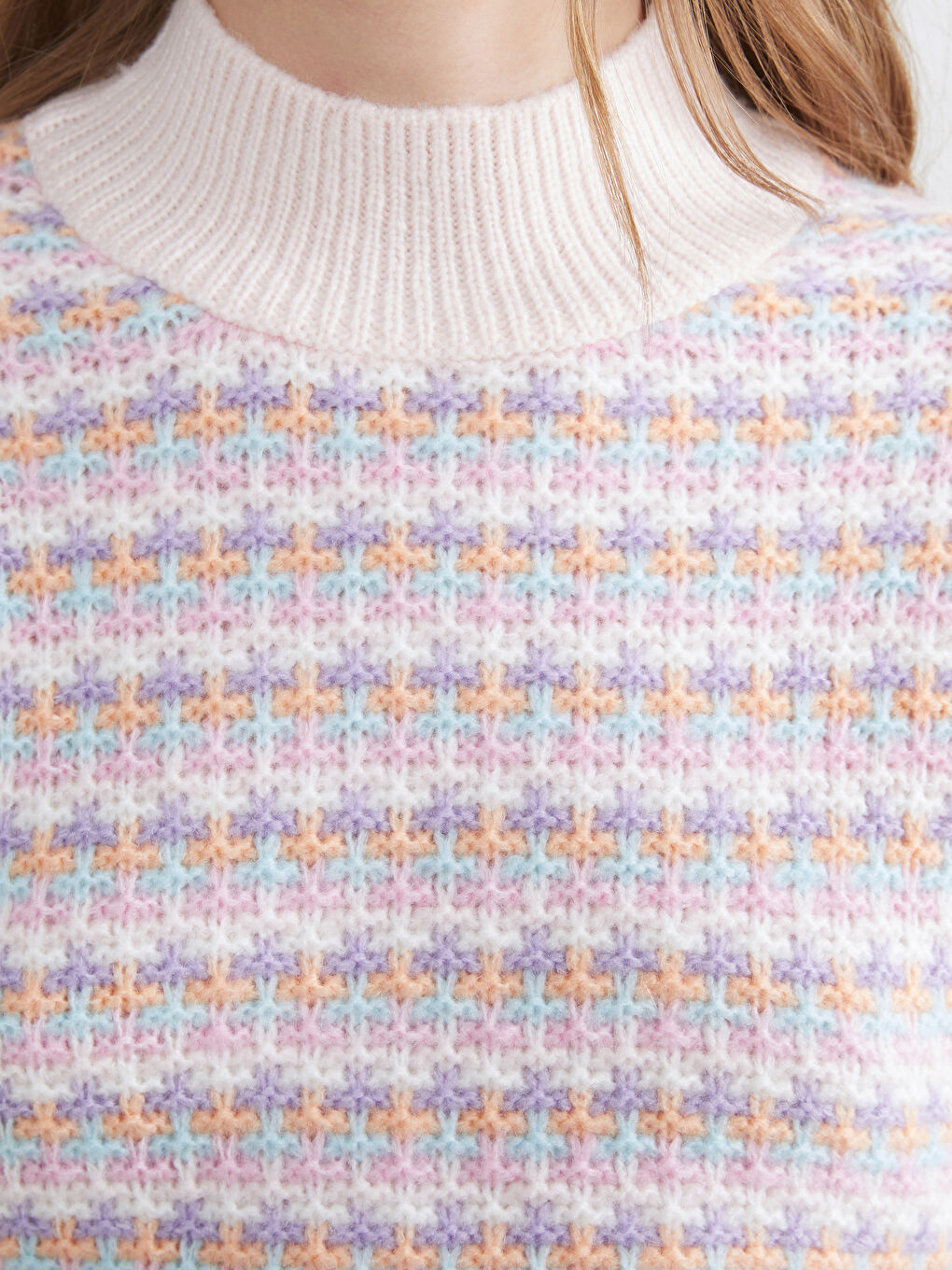 Pembe Yarım Balıkçı Yaka Desenli Kadın Triko Kazak-2