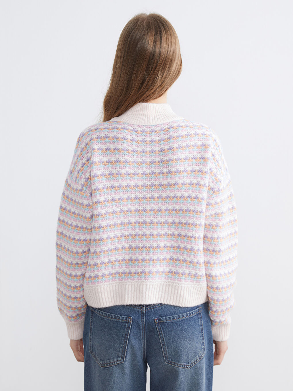 Pembe Yarım Balıkçı Yaka Desenli Kadın Triko Kazak-3