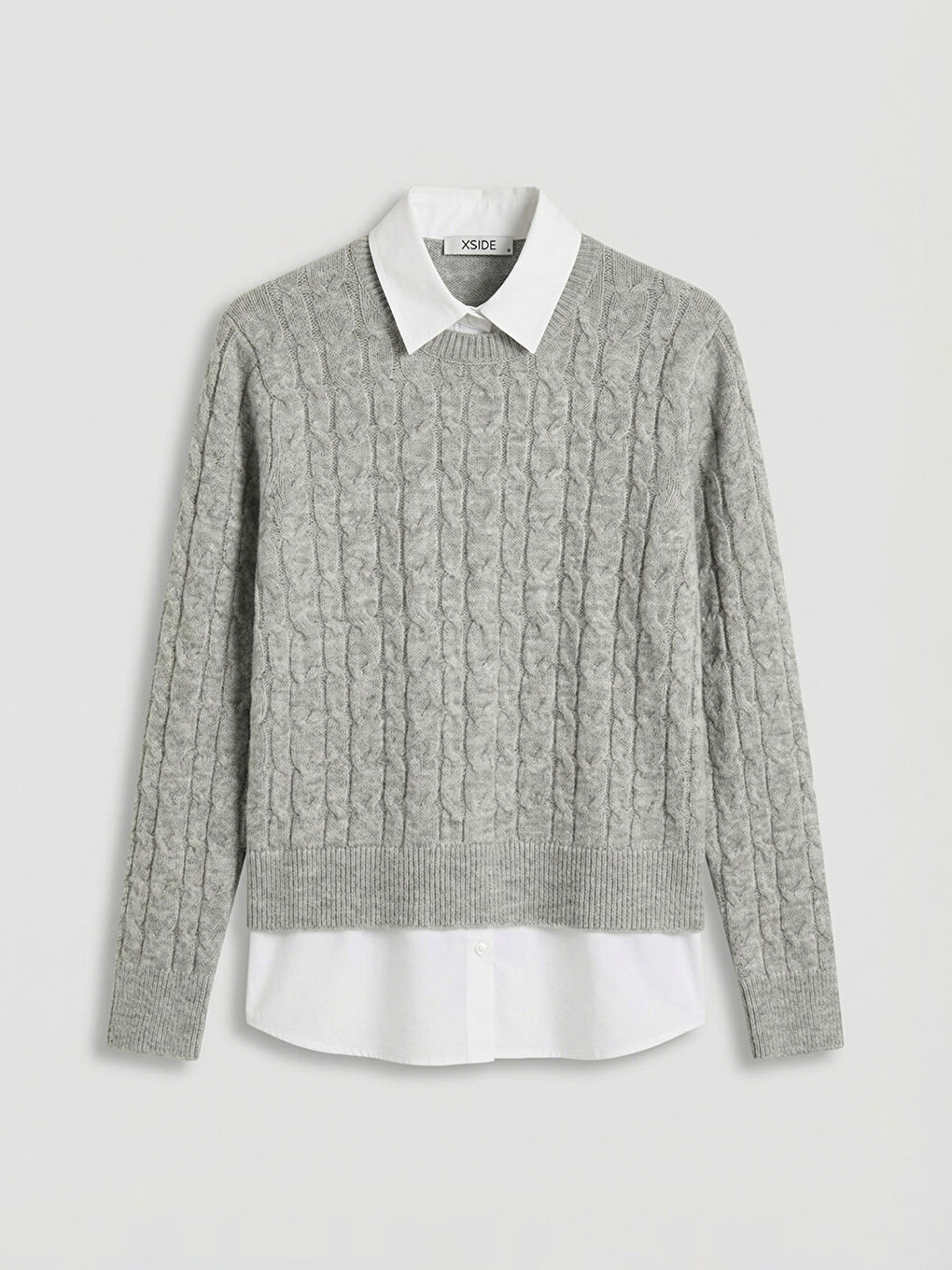 Gri Gömlek Yaka Kendinden Desenli Kadın Triko Kazak-4