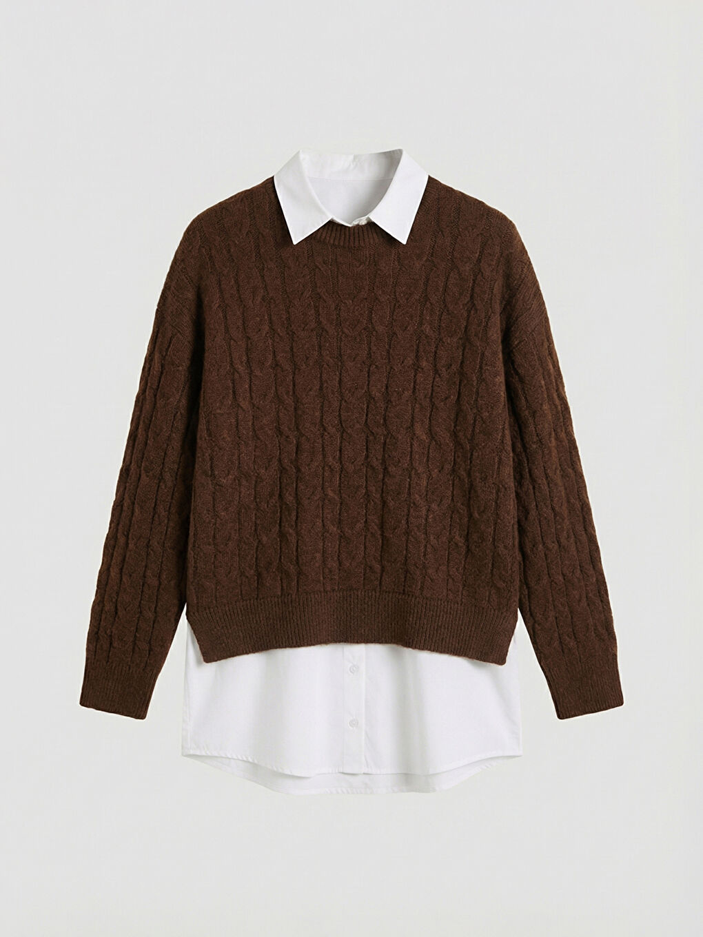 Kahverengi Gömlek Yaka Kendinden Desenli Kadın Triko Kazak-4