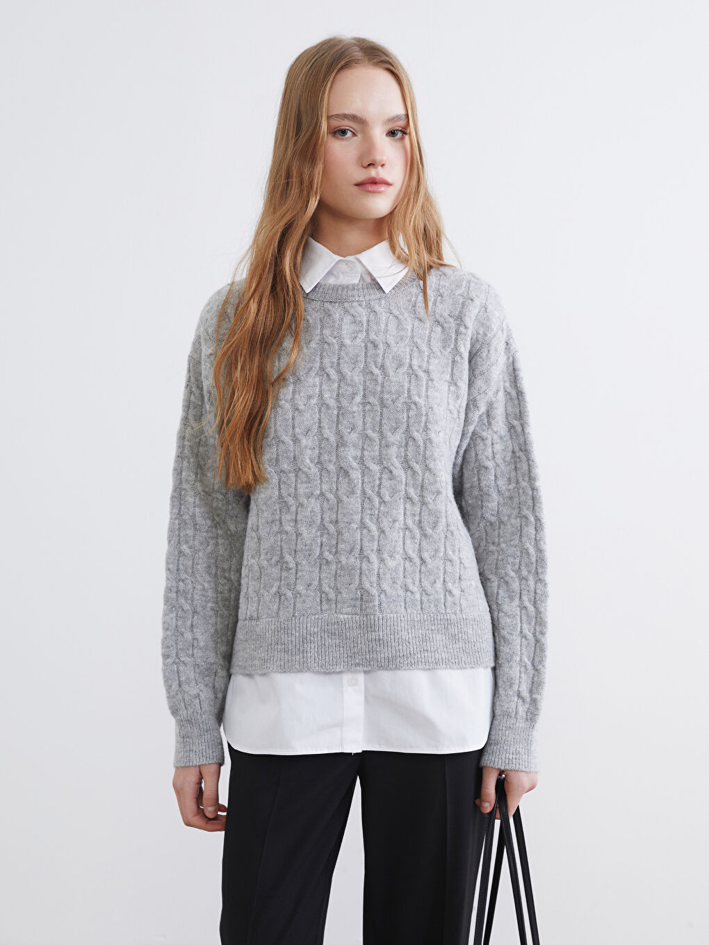 Gri Gömlek Yaka Kendinden Desenli Kadın Triko Kazak-2