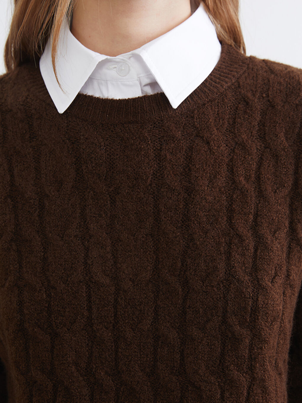 Kahverengi Gömlek Yaka Kendinden Desenli Kadın Triko Kazak-2