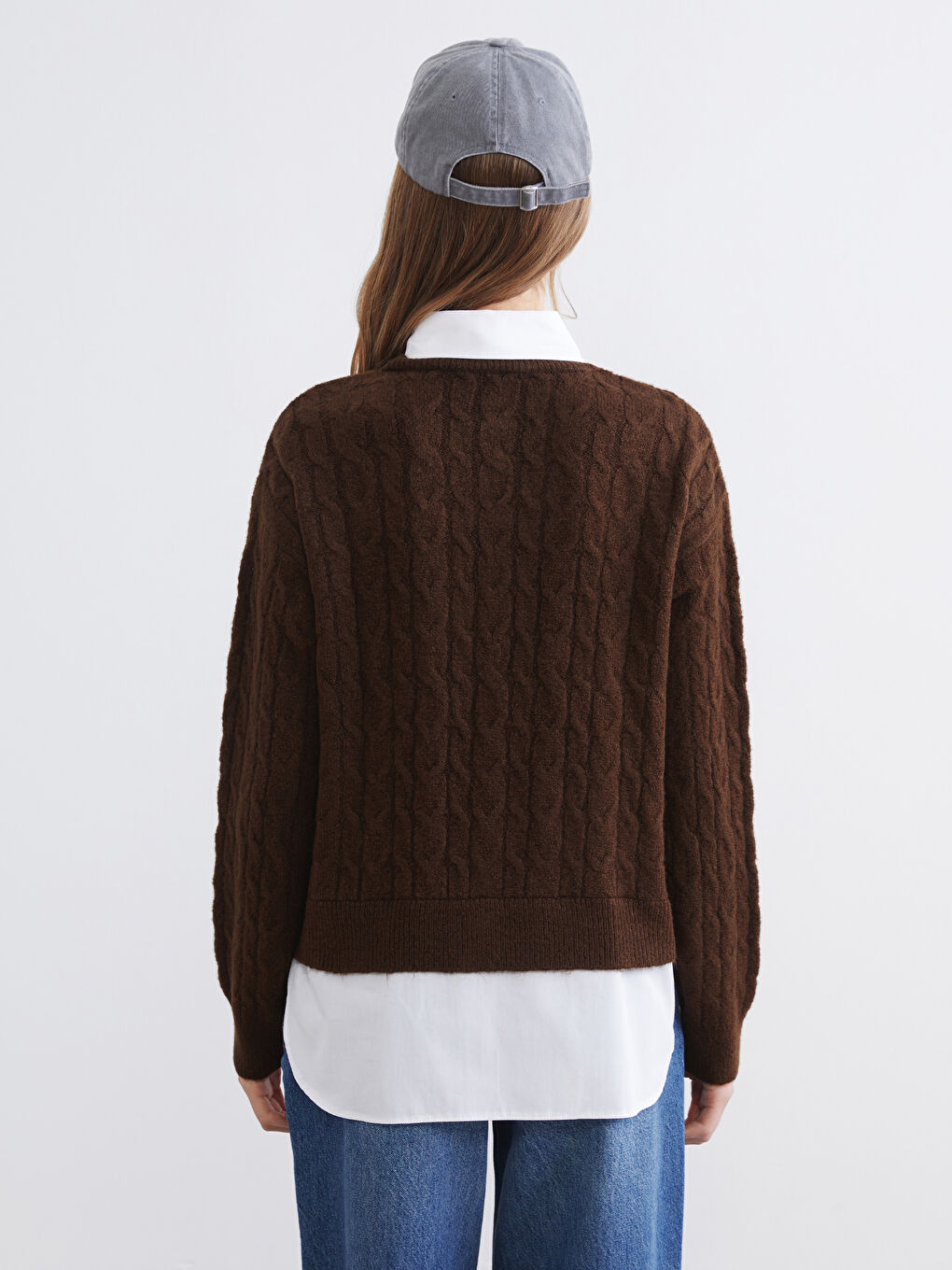 Kahverengi Gömlek Yaka Kendinden Desenli Kadın Triko Kazak-3