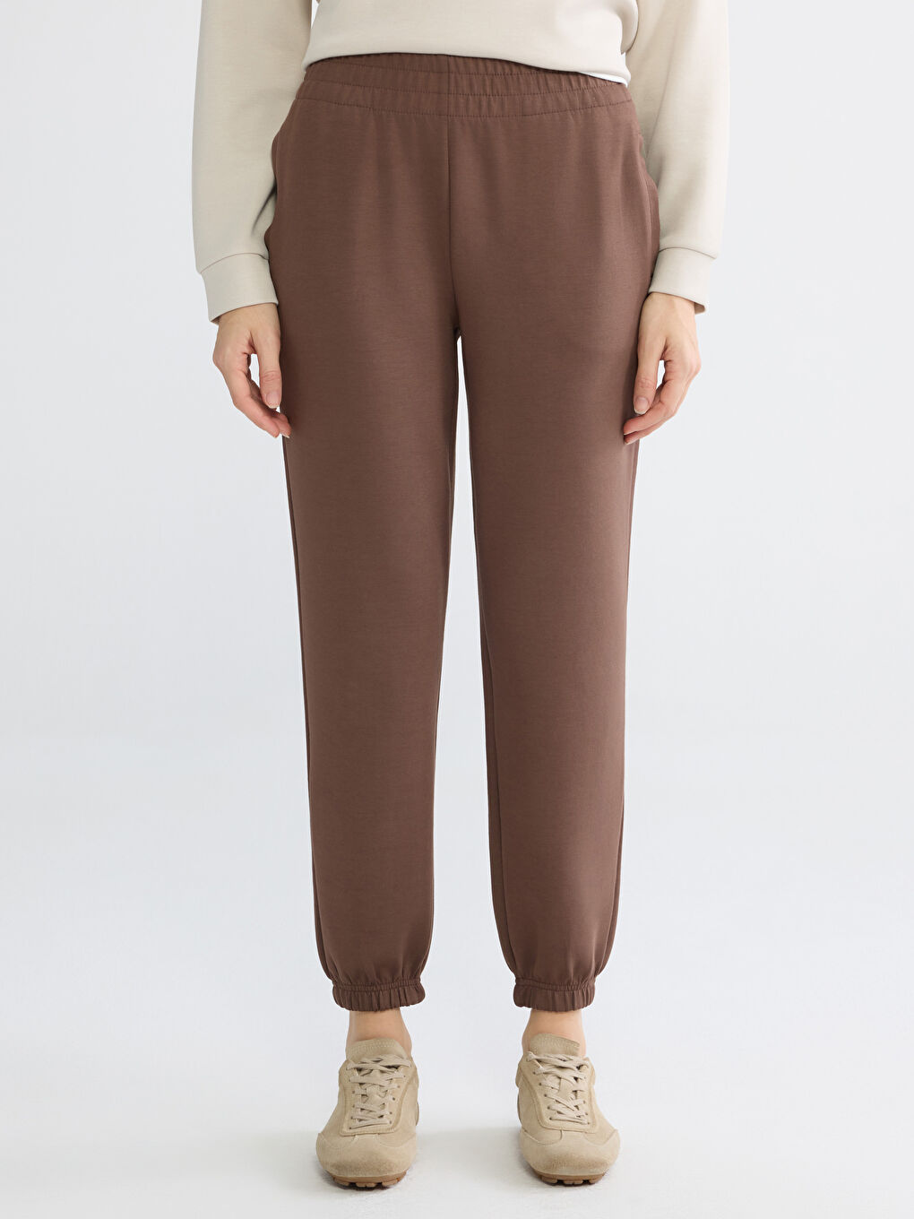 Kahverengi Beli Lastikli Kadın Jogger Eşofman Altı-1