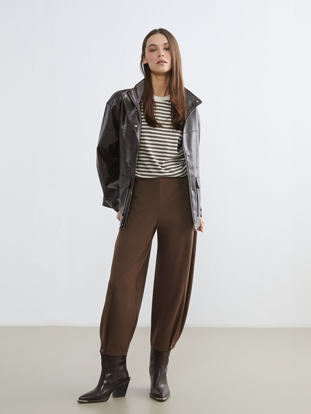 Kahverengi Beli Lastikli Kadın Pantolon