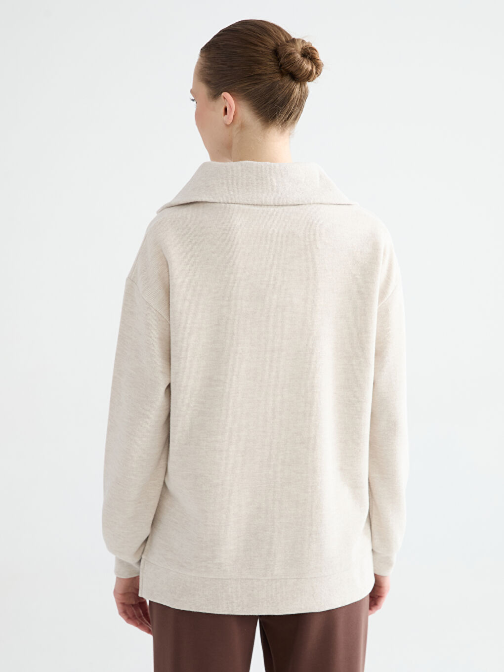 Bej Polo Yaka Kadın Sweatshirt-4