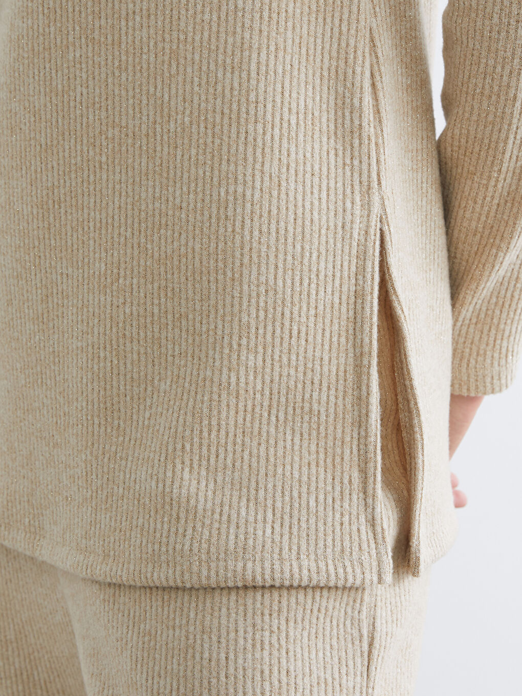 Bej Polo Yaka Fitilli Kadın Sweatshirt-2