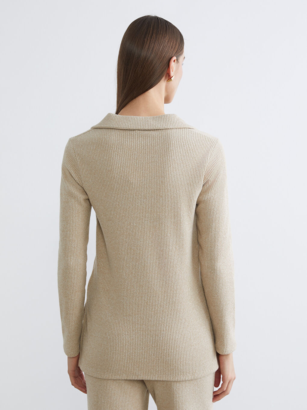 Bej Polo Yaka Fitilli Kadın Sweatshirt-3