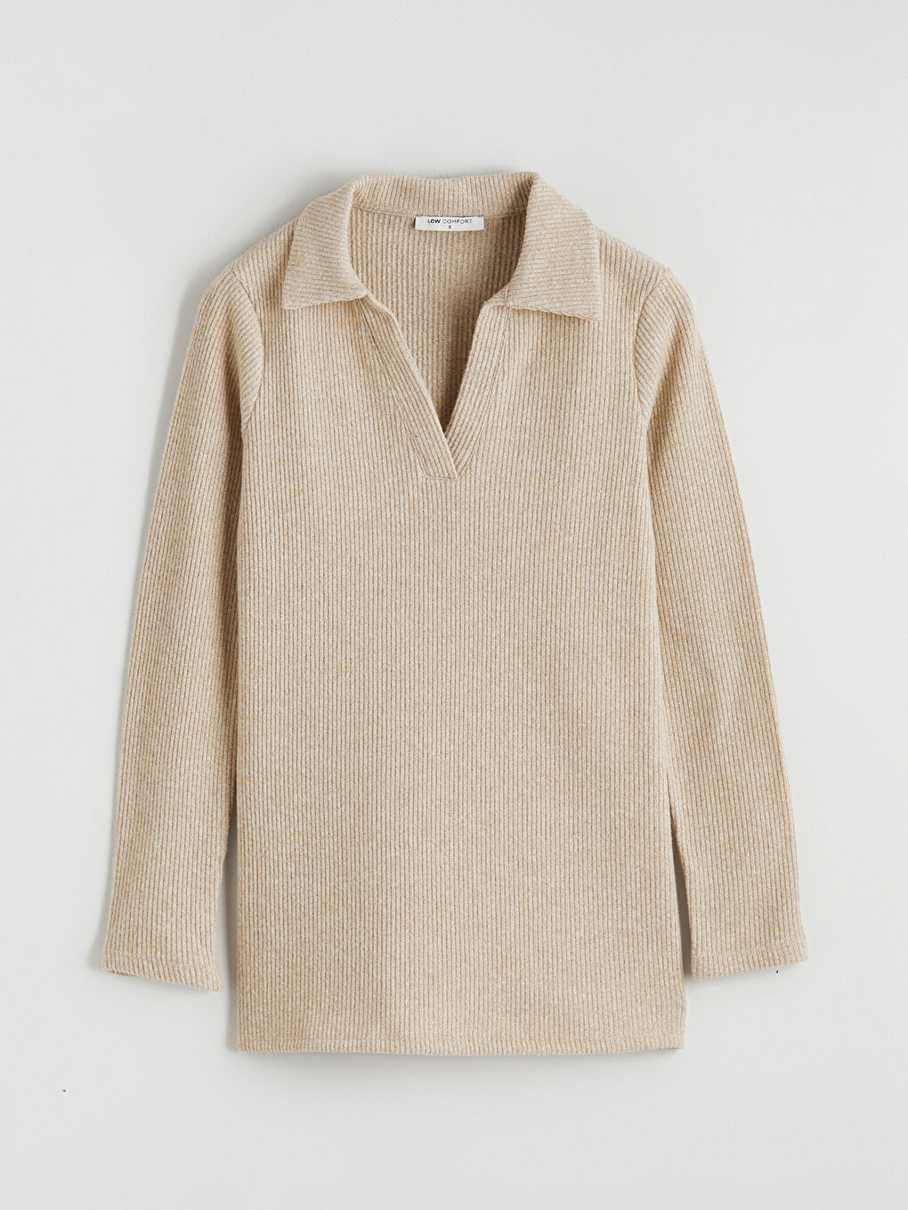 Bej Polo Yaka Fitilli Kadın Sweatshirt-4