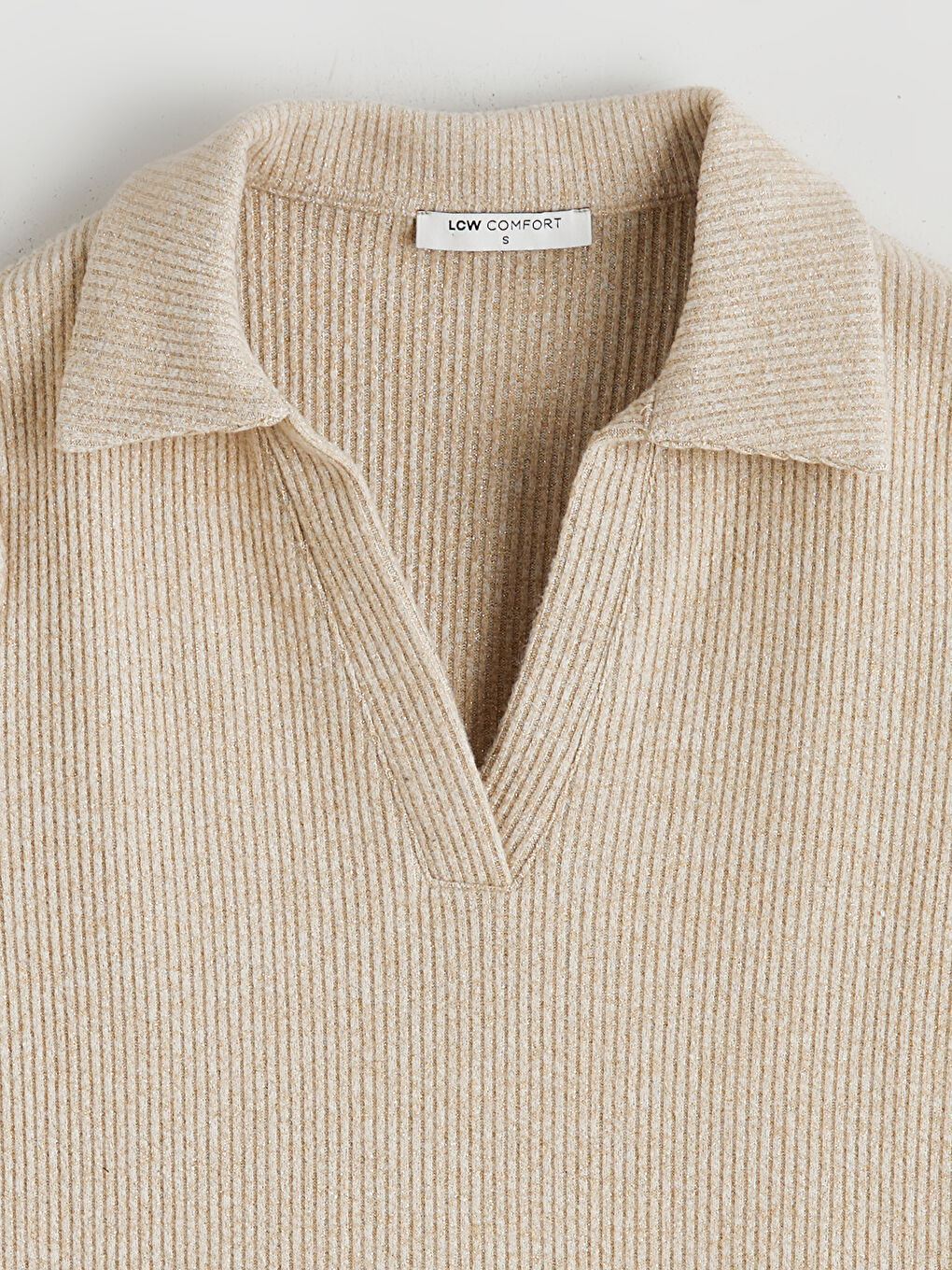 Bej Polo Yaka Fitilli Kadın Sweatshirt-5