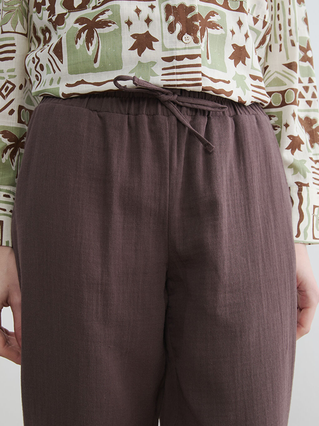 Kahverengi Beli Lastikli Kadın Pantolon-5