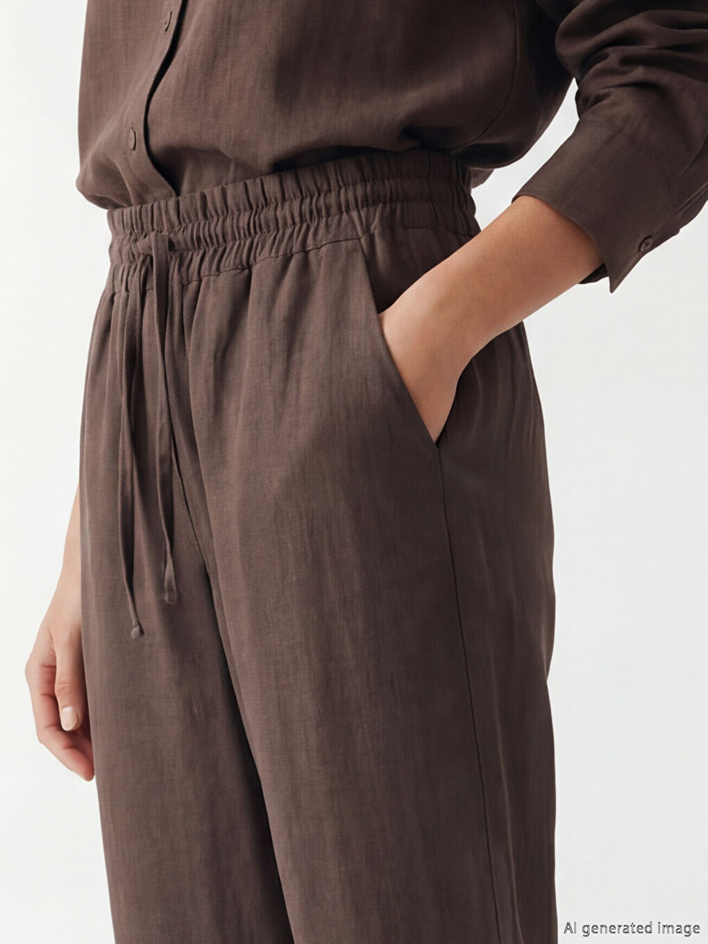 Kahverengi Beli Lastikli Kadın Pantolon-4