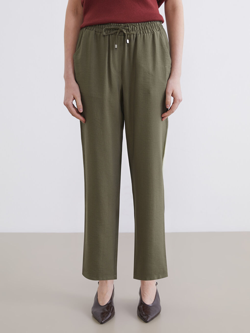 Haki Beli Lastikli Kadın Pantolon-2