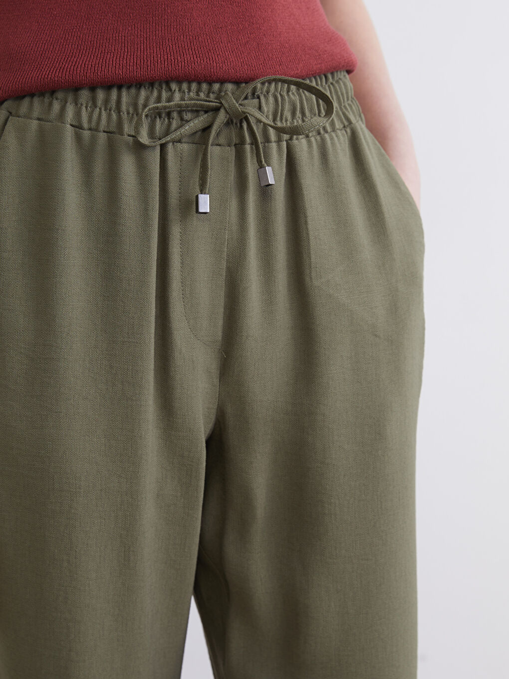 Haki Beli Lastikli Kadın Pantolon-3