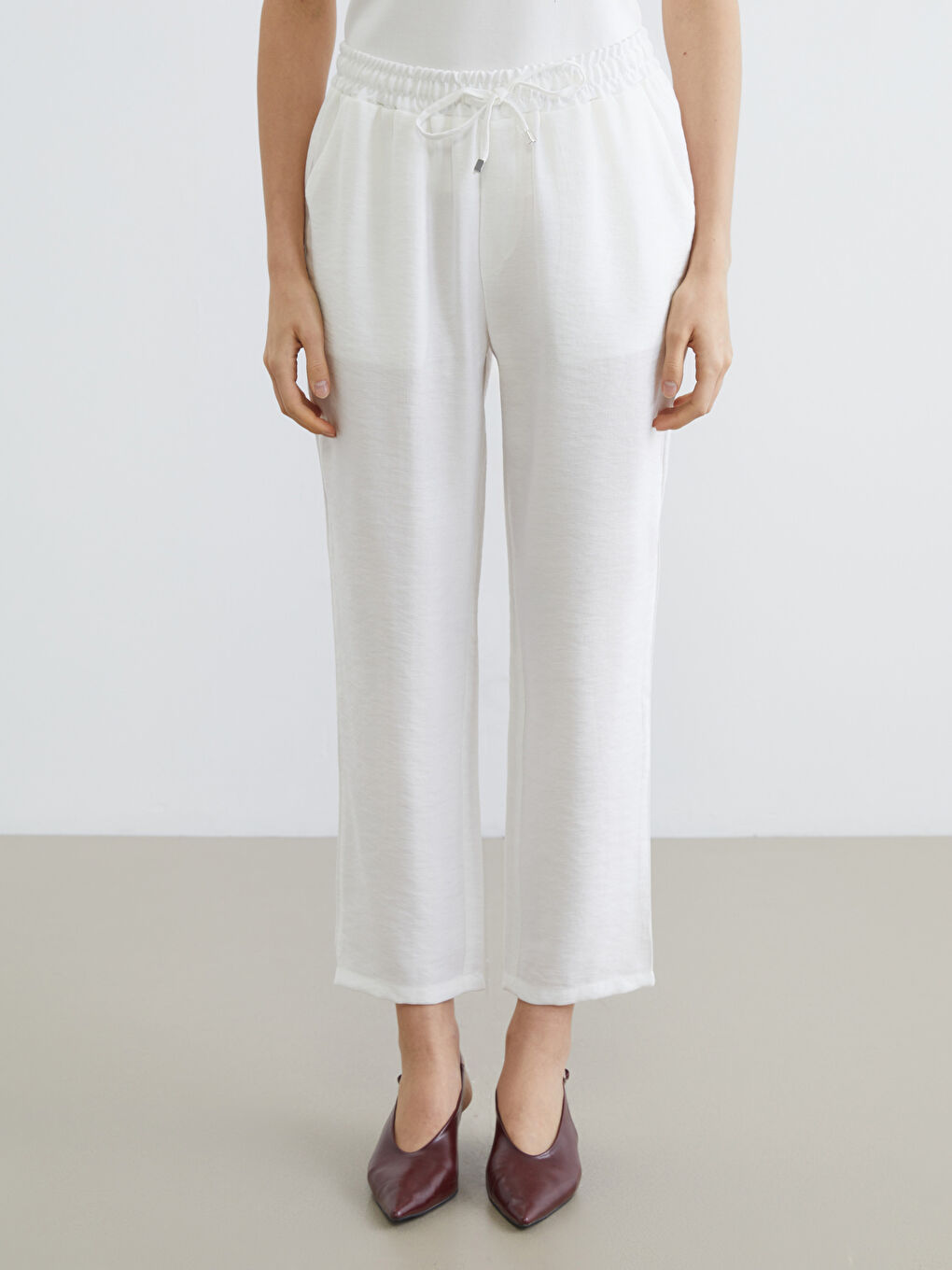 Ekru Beli Lastikli Kadın Pantolon-1