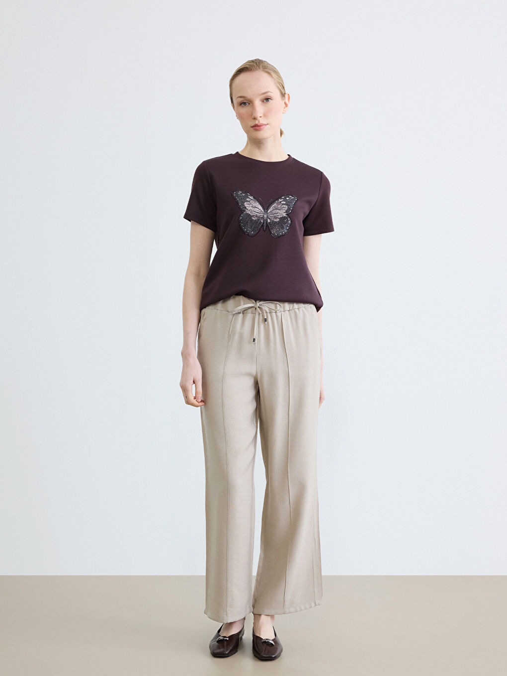 Bej Beli Lastikli Kadın Pantolon