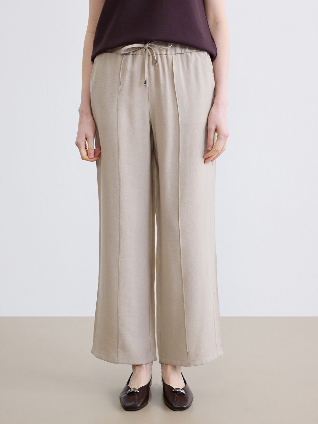 Bej Beli Lastikli Kadın Pantolon-1