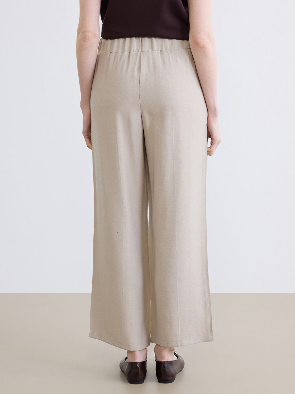 Bej Beli Lastikli Kadın Pantolon-3