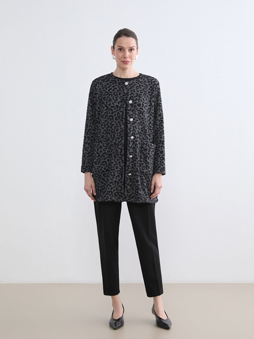 Leopard Print Crewneck Cardigan-1