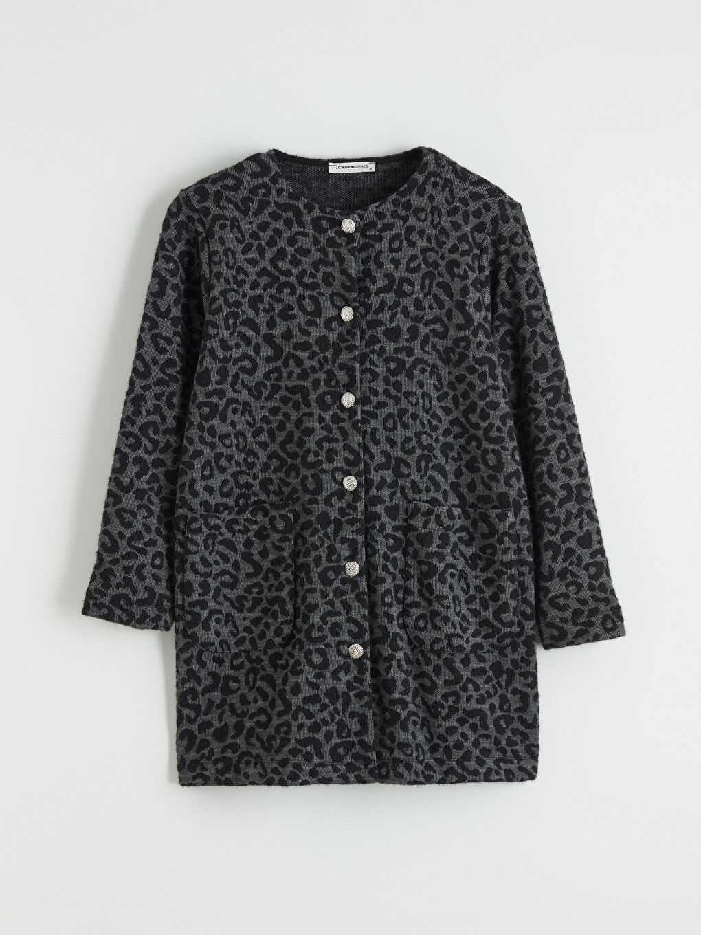 Siyah Bisiklet Yaka Leopar Desenli Kadın Hırka